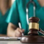 Concept of healthcare law with gavel and medical professionals in background, symbolizing the intersection of medicine and legal matters.
