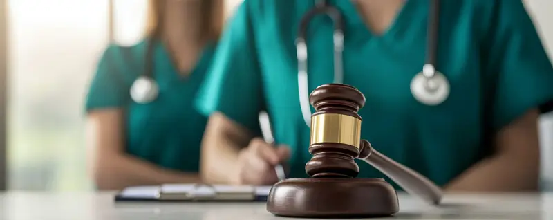 Concept of healthcare law with gavel and medical professionals in background, symbolizing the intersection of medicine and legal matters.